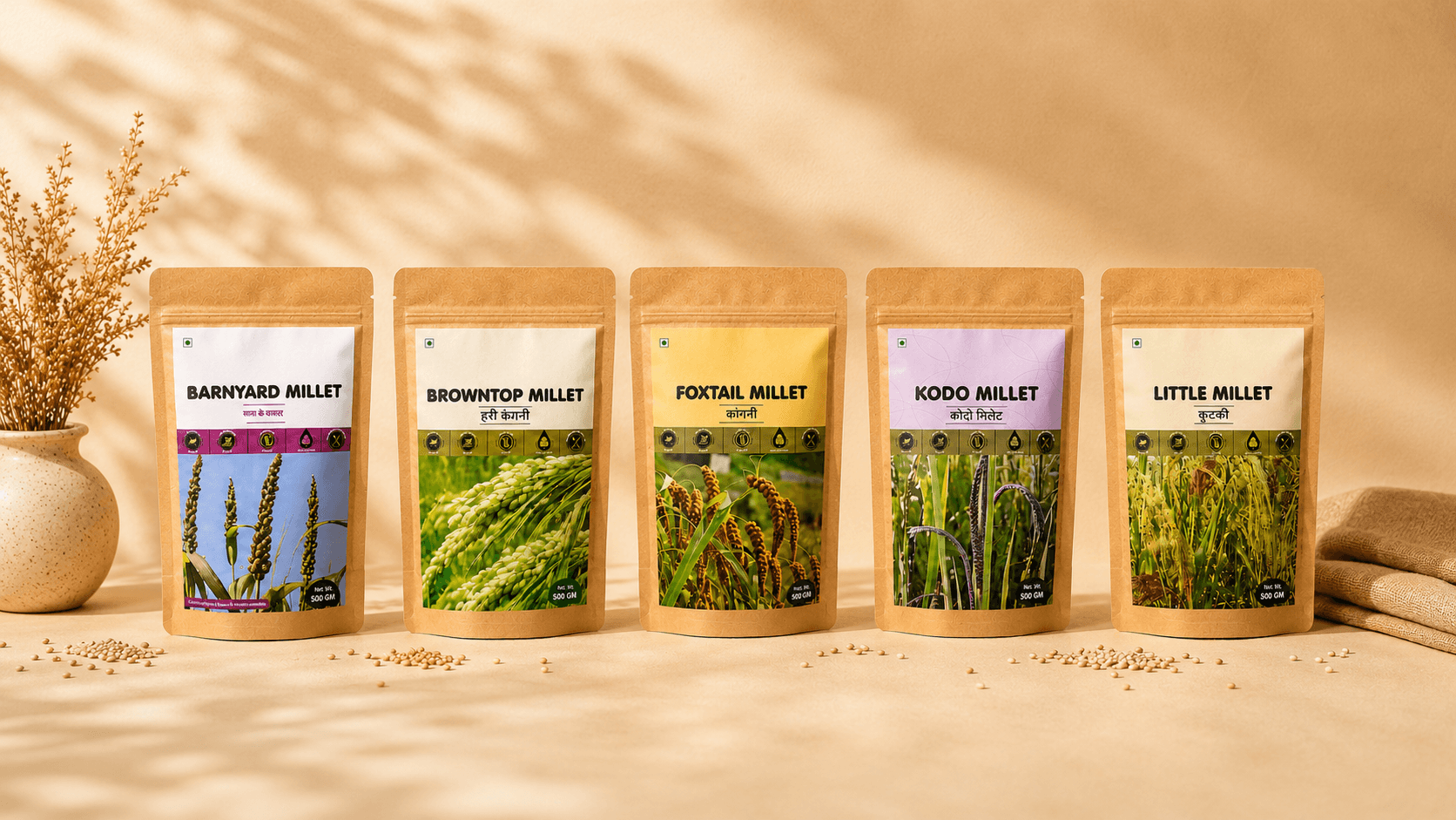Five Positive Millets, Barnyard, Browntop, Foxtail, Kodo, Little Millet